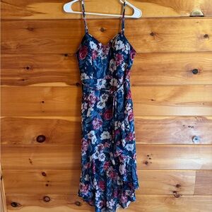 BCX Navy Floral Spaghetti-Strap Midi Dress with Waist Tie